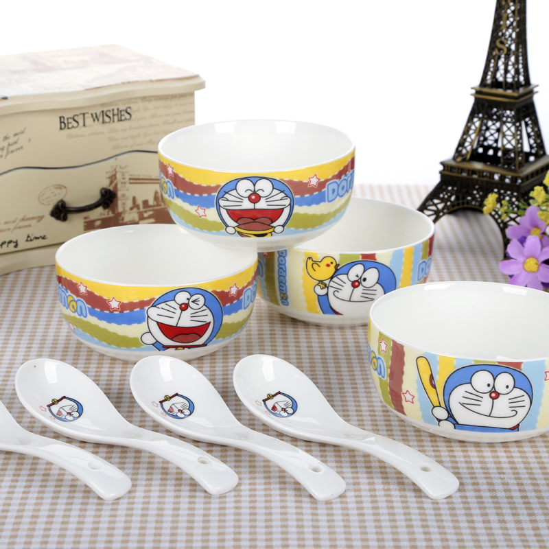 哆啦a梦 创意卡通陶瓷餐具套装 儿童餐具 4碗4勺4筷子