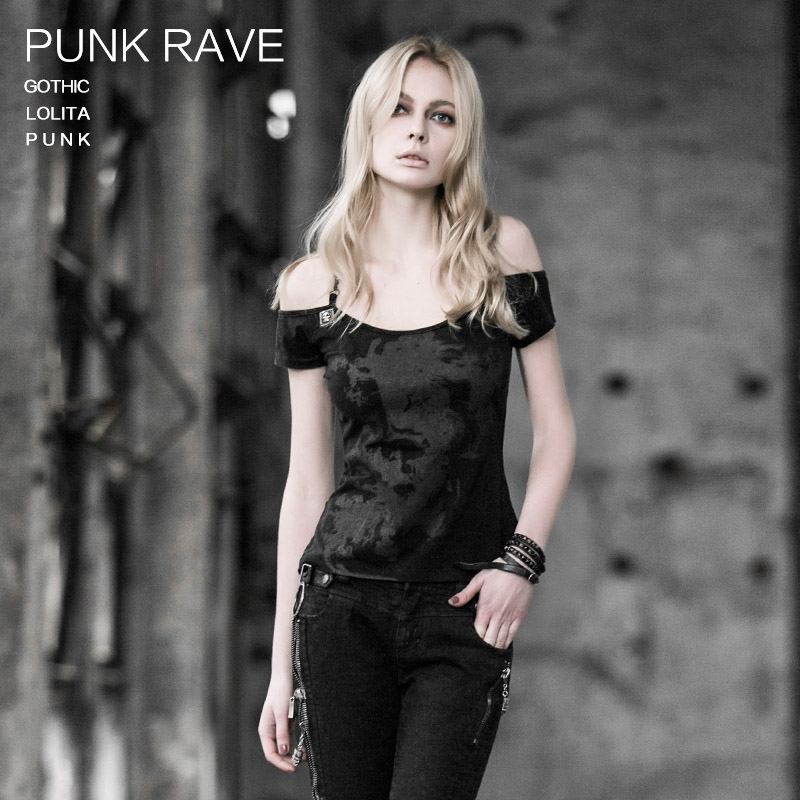 设计师品牌PUNK RAVE2015夏装新款朋克露肩修身短袖T恤 女式 夏装