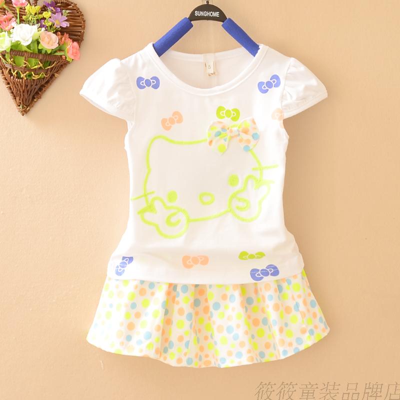童装女童夏季新款纯棉卡通KITY猫裙子套装小童可爱圆点蝴蝶结套群