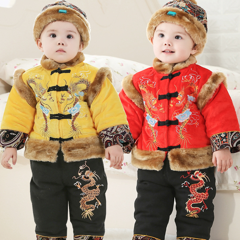 儿童唐装冬装宝宝新年套装男童加厚棉衣服0-1-2-3岁过年婴儿童装