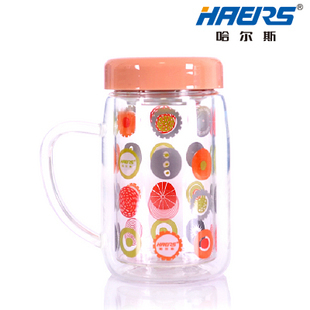 哈尔斯玻璃杯 创意密封双层带盖隔热杯水杯办公杯包邮HBL-300B-6