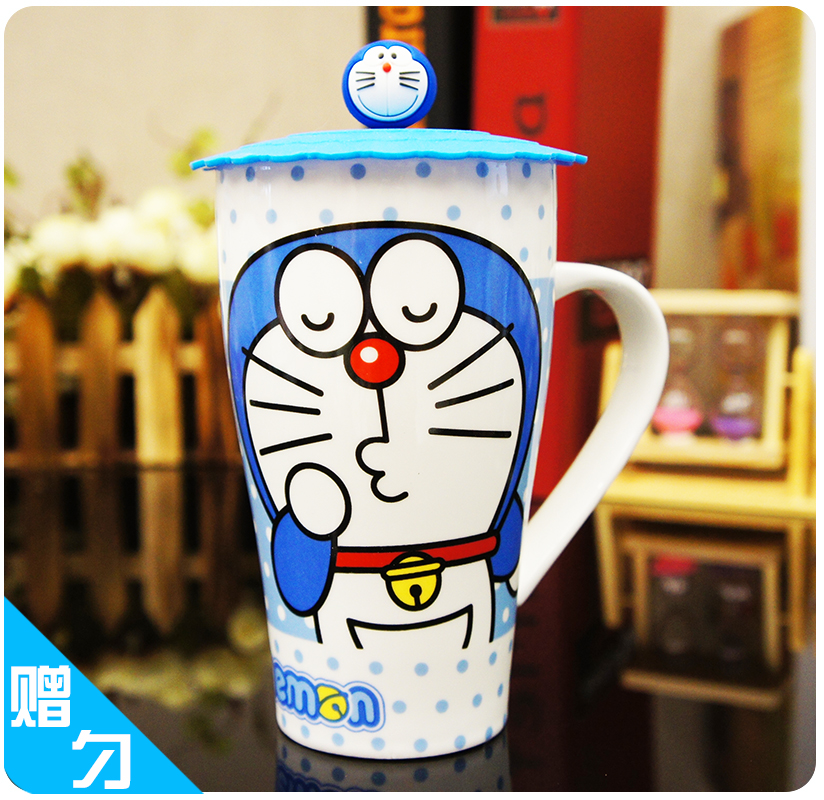 创意陶瓷马克杯大容量水杯机器猫杯子 可爱陶瓷哆啦A梦卡通杯带盖