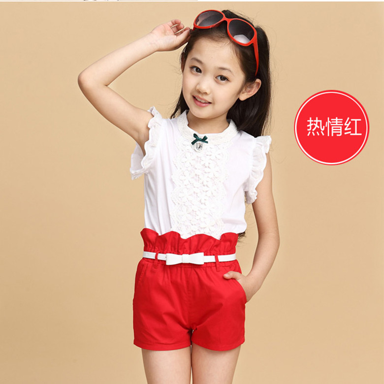 女童装夏装2015新款全棉 儿童短裤套装两件套4-6-7-8-9-10岁女孩