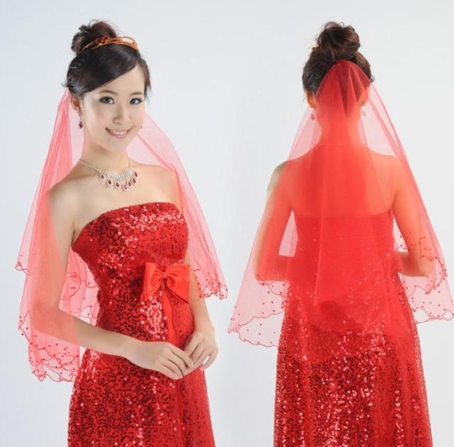 1.5米红色新娘头纱 珍珠点点花月牙边 2013新品 婚纱用品配饰