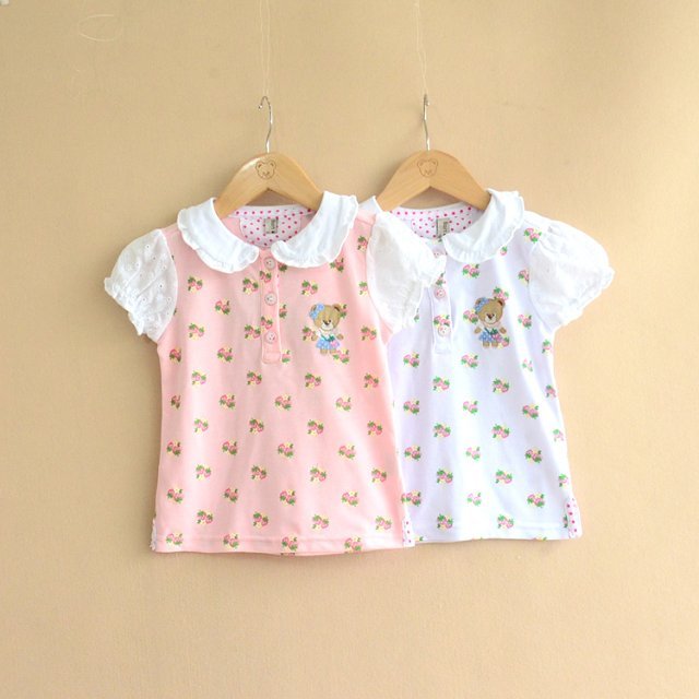 2015夏季新款 paw小熊in 女童装短袖t恤 花边领翻领草莓满印上衣