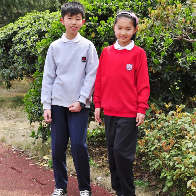 长沙芙蓉教育中小学校服白色、红色/灰色长袖T恤长裤三件套