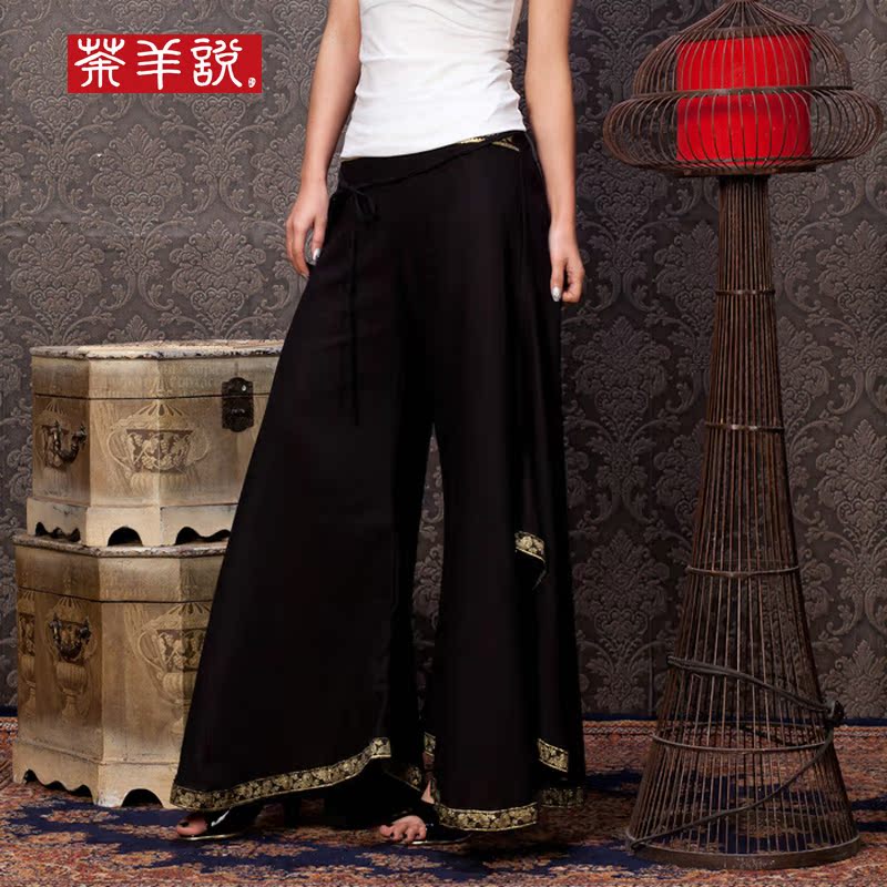 经典原创设计中国风复古成熟高雅气质潇洒型大脚棉麻阔腿长裤女裤