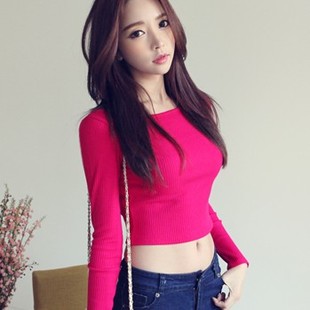 韩国代购秋季新品圆领修身打底T恤短上衣长袖枚红色性感女装