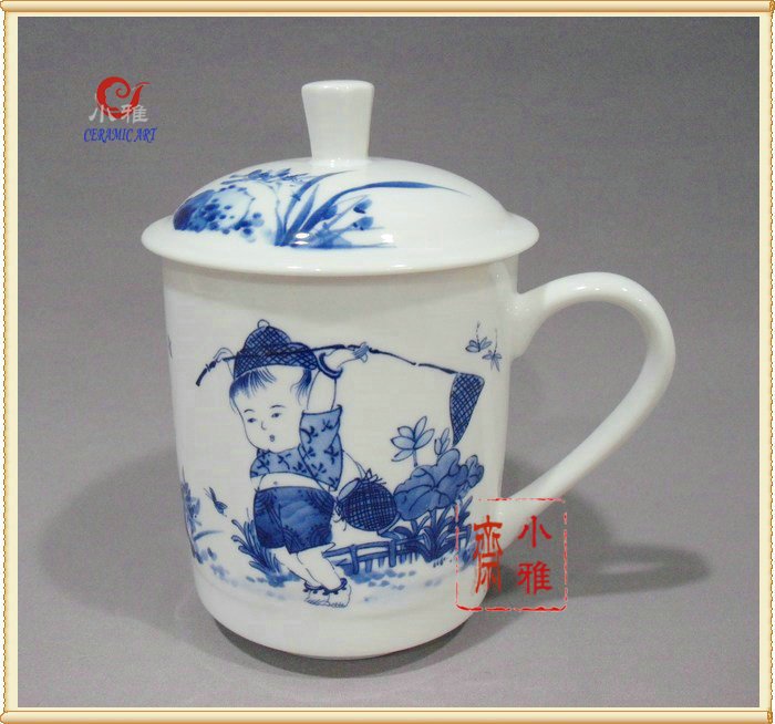 景德镇陶瓷器骨瓷茶具茶杯青花釉中彩童趣茶杯