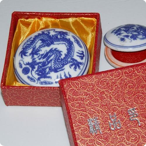 青花龙纹瓷盒印泥/印章盒/书画用朱砂印泥30克 适用于3.5以下