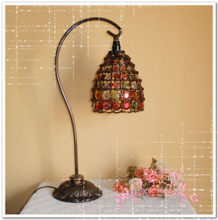 尼泊尔风格七彩玻璃串珠灯罩古铜色铁艺灯体时尚个性卧室台灯调光