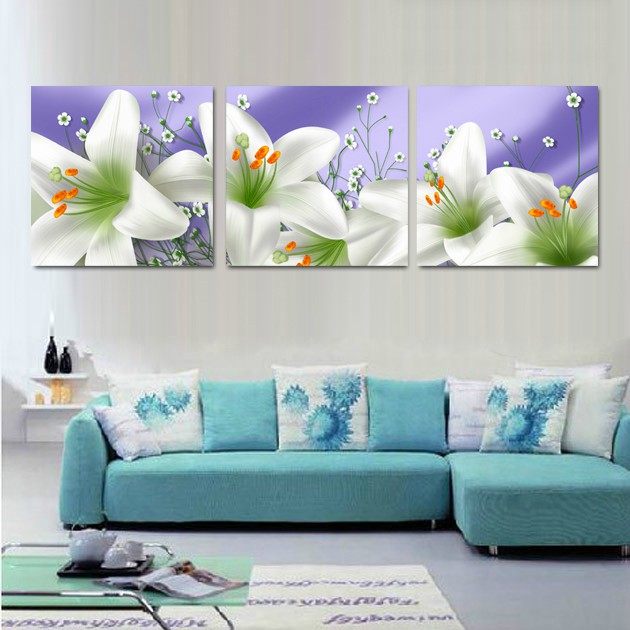 客厅装饰画现代简约无框水晶三联画卧室挂画绿色植物花卉百合壁画