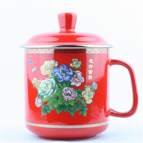 中国红瓷茶杯 花开富贵将军杯 商用礼品茶杯 礼品茶杯 全国包邮
