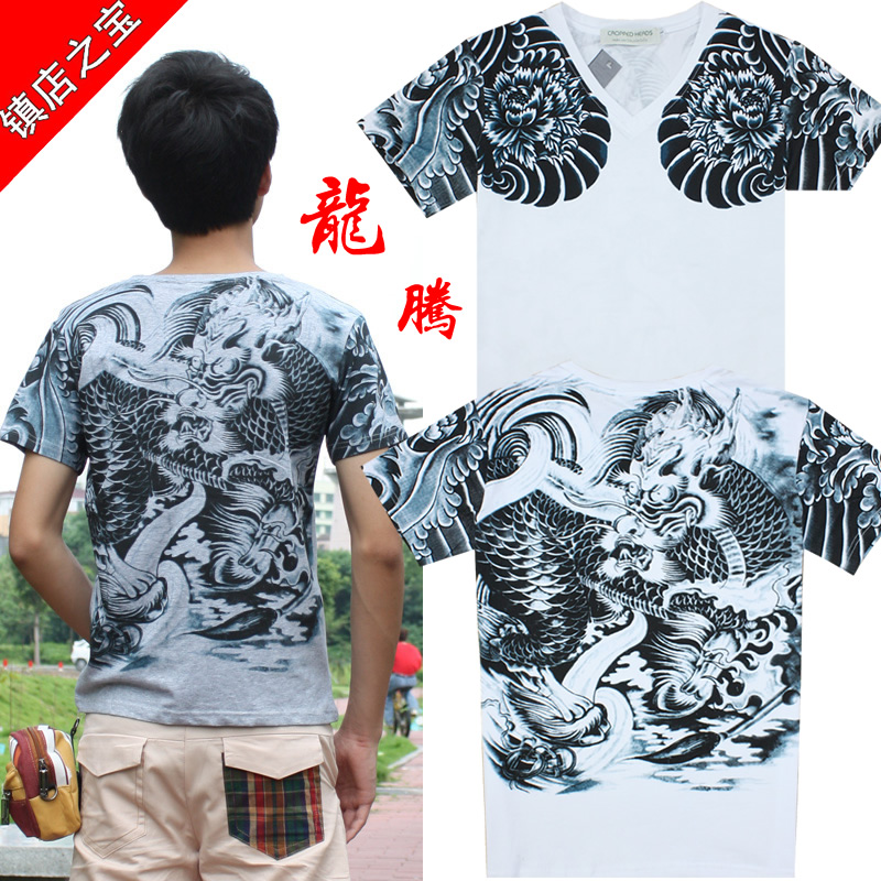 新品中国风霸气龙3D印花图案男上衣夏装短袖T恤衫 日本浮世绘体恤折扣优惠信息