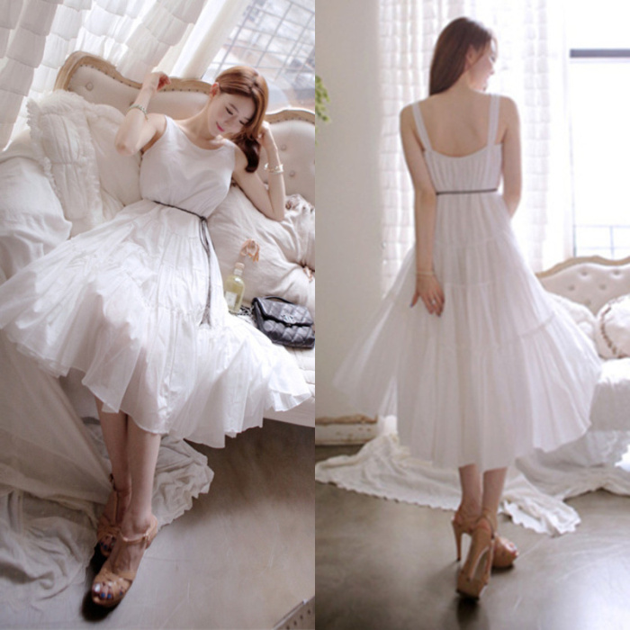2015女装裙子   韩版淑女修身大摆棉质白色长裙连衣裙仙女裙