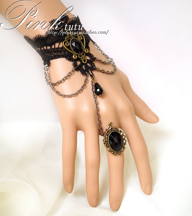 黑色唯美多层韩版复古宫廷黑色蕾丝哥特风手链连戒指首饰品SL013
