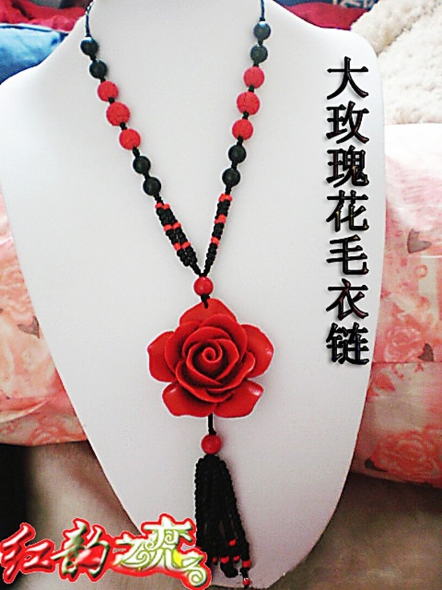 中国红民族风饰品 原创漆雕手工大玫瑰毛衣链 满38元全国包邮