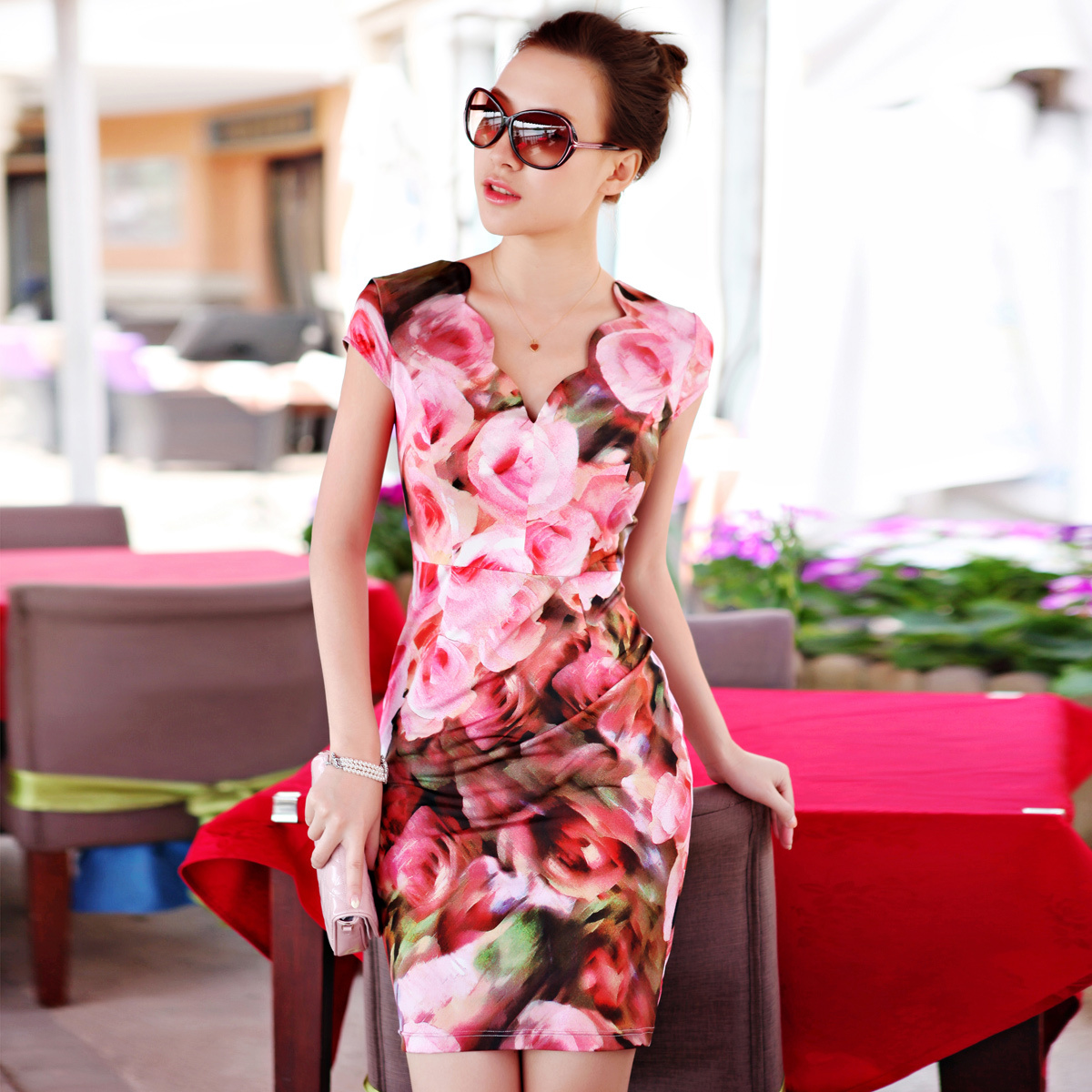 包邮刹那2015夏季新款女装E23优雅气质粉红印花裙包臀修身连衣裙