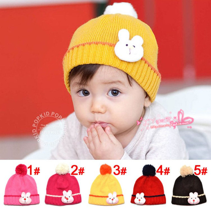 韩版女童宝宝 儿童帽子 新生婴儿套头帽 小兔子贴标 拍照 秋冬帽