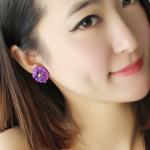 黑水晶紫色桃花耳钉 绢布花朵耳环 新款日韩国满包邮镶钻饰品批发