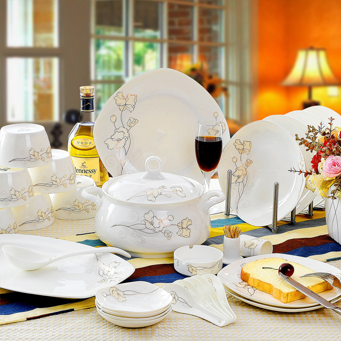 餐具套装碗盘 韩式高档56头骨瓷碗碟礼盒家用结婚庆景德镇陶瓷器