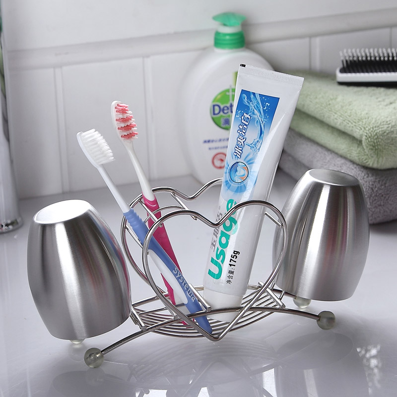包邮 浴室心形牙刷架漱口杯 不锈钢 创意情侣洗漱套装 牙具可爱