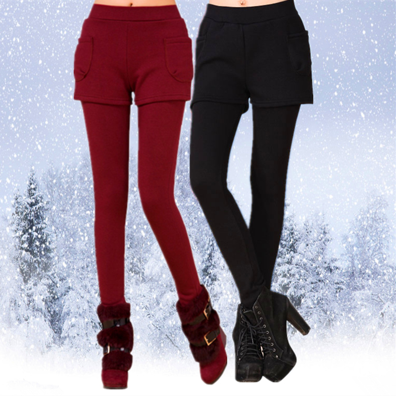 2015秋冬大码加绒加厚外穿口袋打底裤假两件女冬季显瘦保暖长裤子