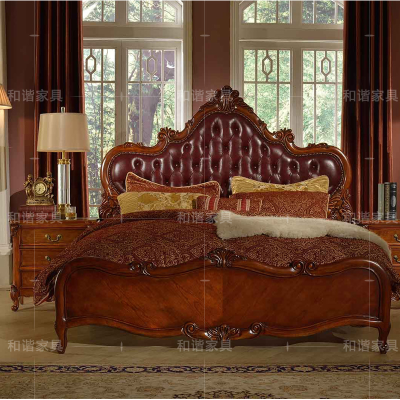 欧式实木双人真皮床 奢华复古公主雕花美式床 新古典结婚大床别墅
