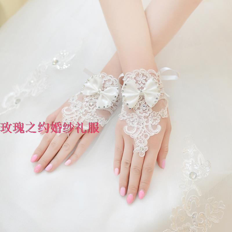 新款韩式蕾丝水钻新娘手套 时尚花朵短款露指 结婚婚纱配件