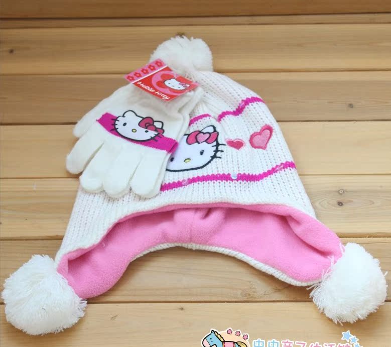 hello kitty女童防寒卡通帽子手套套装小孩保暖灰，红，白3色