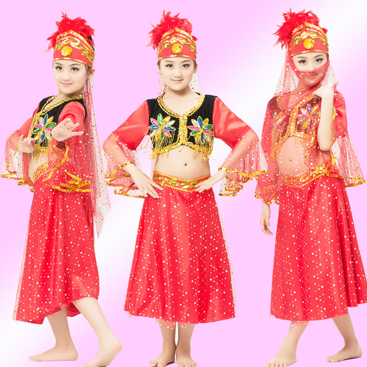 儿童少数民族舞蹈服女童演出服装少女印度舞新疆舞表演服套装批发