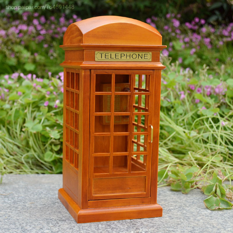 木质复古英式电话亭音乐盒八音盒天空之城创意新年礼物送朋友生日折扣优惠信息