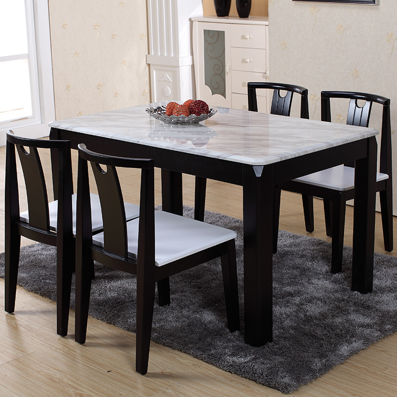 大理石餐桌椅组合实木黑白色简约现代中式长方形饭桌6人餐桌特价