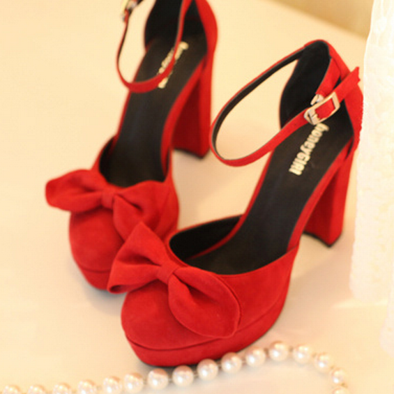 大红色蝴蝶结粗跟女单鞋粉色一字扣带高跟鞋防水台新娘鞋结婚鞋子