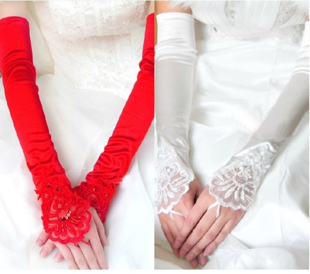 新娘婚礼手套婚纱手套长款 过肘红色蕾丝露指结婚手套婚纱配件