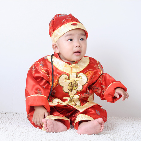 限时折扣婴儿唐装冬装小孩地主服百岁服三件套中国风红色男童龙袍折扣优惠信息