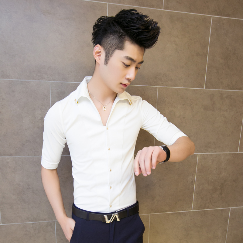 时尚男士薄款白色中袖衬衫五分袖韩版修身衬衣青年英伦短袖潮夏装折扣优惠信息