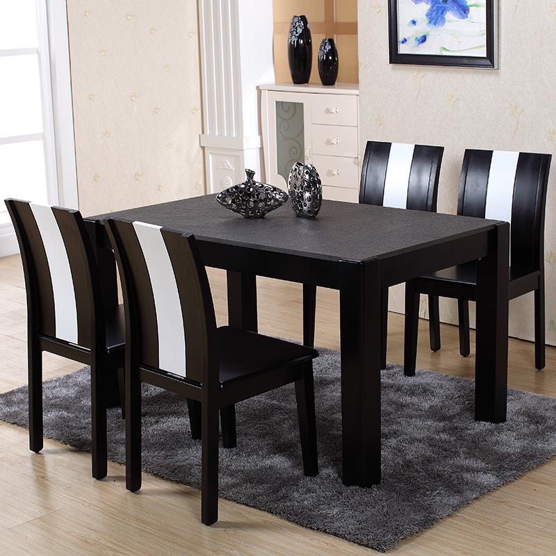 实木火烧石玄武石餐桌 长方形黑色 楷模大理石现代简约餐桌椅组合