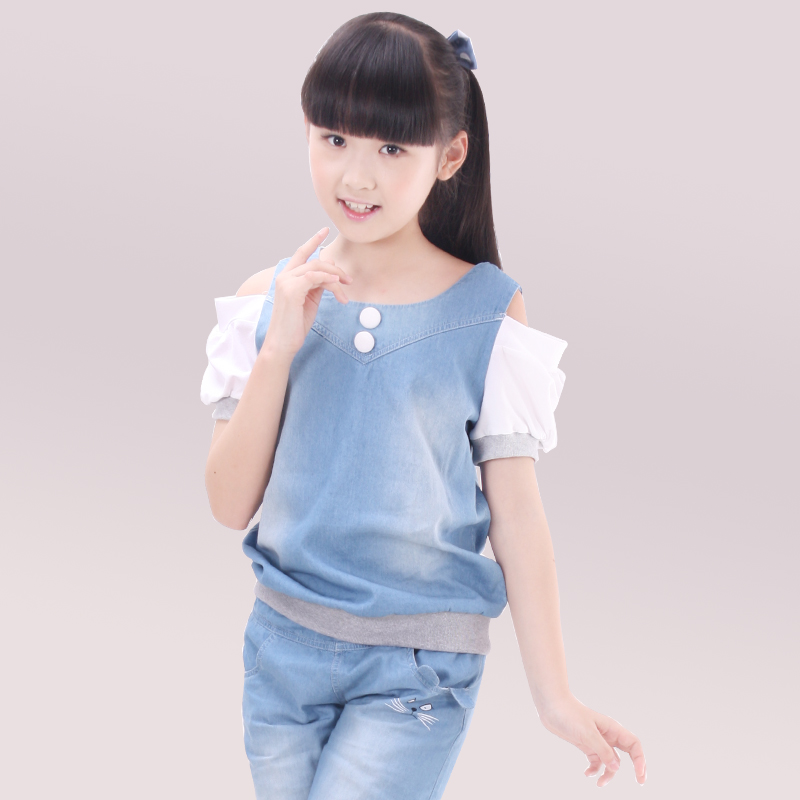 韩版童装女童露肩短袖t恤衫2015夏季新款儿童牛仔T恤女大童短袖夏