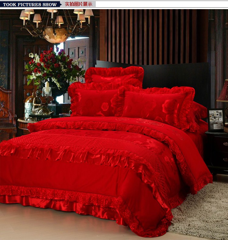 品牌家纺全棉蕾丝婚庆六件套床品大红色八件套韩版结婚四件套