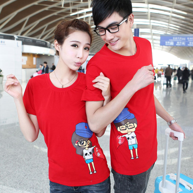 情侣装夏装2014韩版卡通可爱男孩女孩创意配对圆领短袖T恤情侣衫