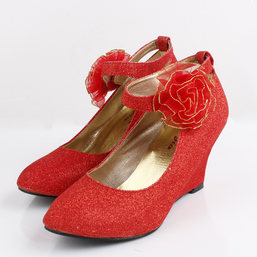 花嫁新娘 婚鞋坡跟红色高跟婚鞋玫瑰新娘鞋结婚鞋子礼服鞋女鞋