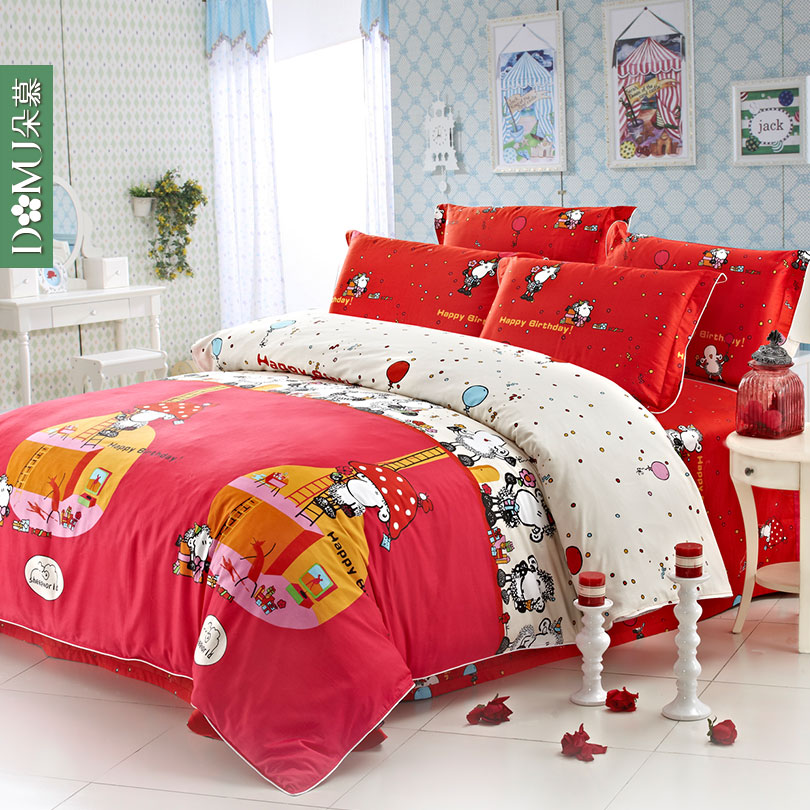 朵慕家居家纺床上用品红色全纯棉四件套韩版卡通可爱床单床笠套件