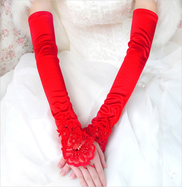 2015秋冬季新娘手套长款婚纱礼服配件无指露指绣花加长皱手套红色