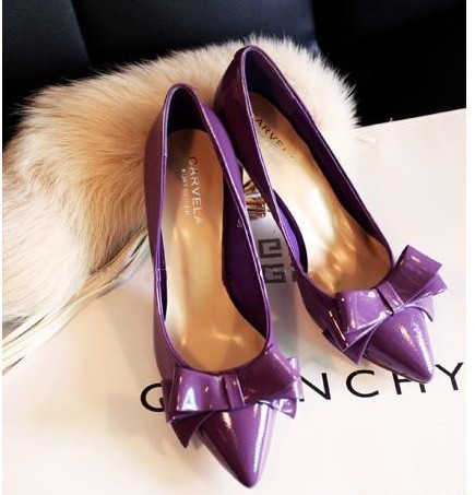 韩版伴娘紫色蝴蝶结尖头高跟鞋单鞋浅口细跟高跟鞋漆皮单鞋婚鞋女