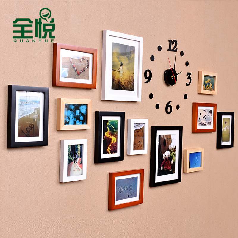 全悦 客厅相片墙钟表照片墙挂钟相框墙 创意实木照片墙13SM562