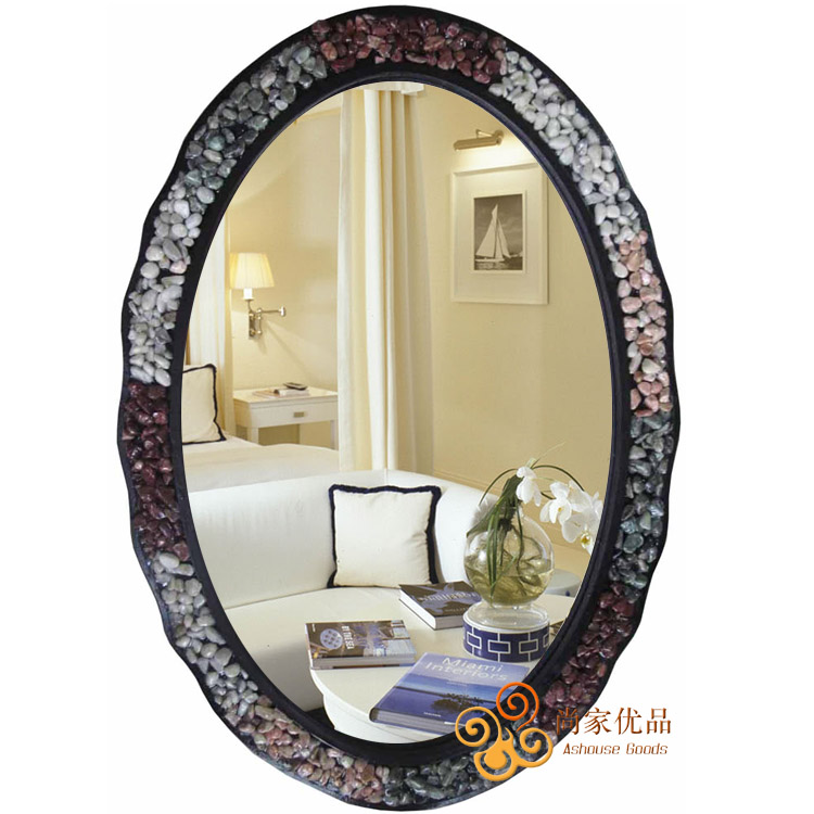 时尚东南亚风情黏贴石子壁挂化妆镜椭圆形浴室美容镜试衣镜特价