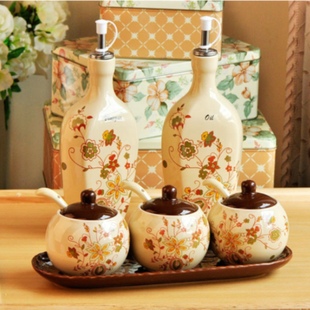 景德镇陶瓷调味罐五件套 调味瓶套装 美式田园 创意瓶罐 厨房用品