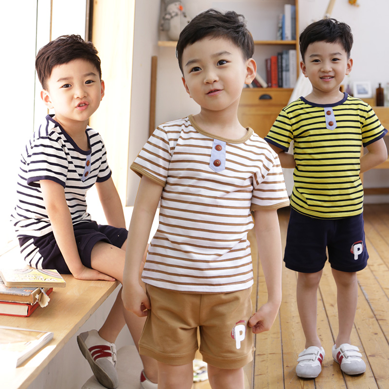 纯一良品韩版童装 男童夏装纯棉短袖套装 儿童圆领条纹T恤两件套