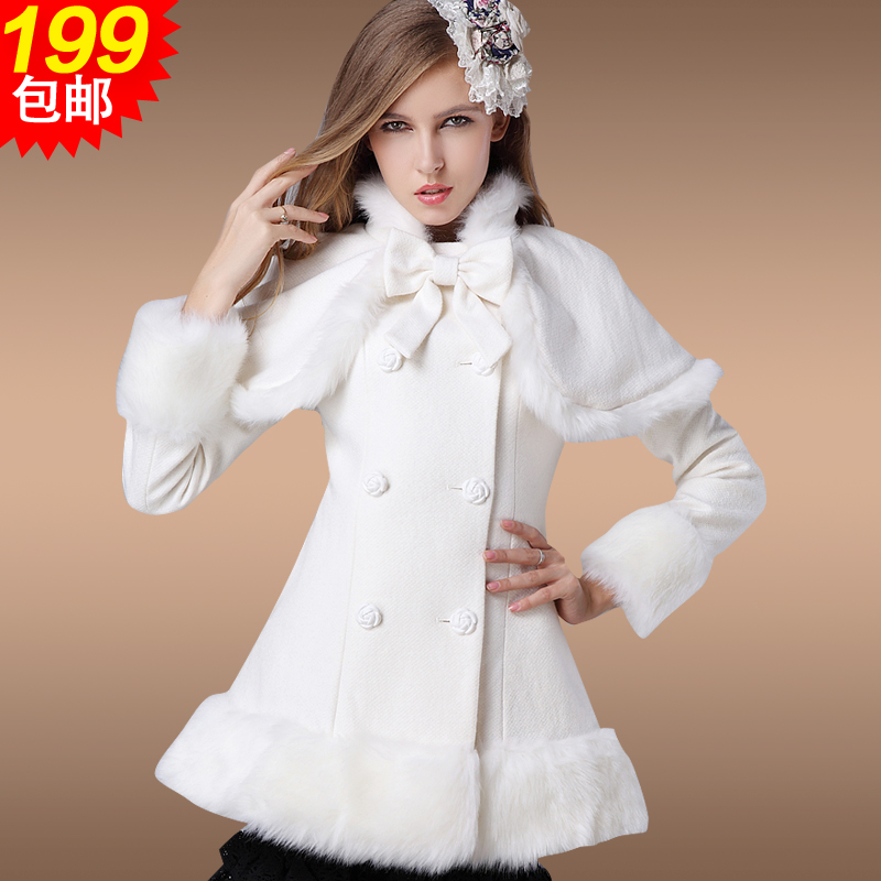 2015高端女装冬装公主毛呢外套白色披肩款修身羊毛呢大衣毛呢外套